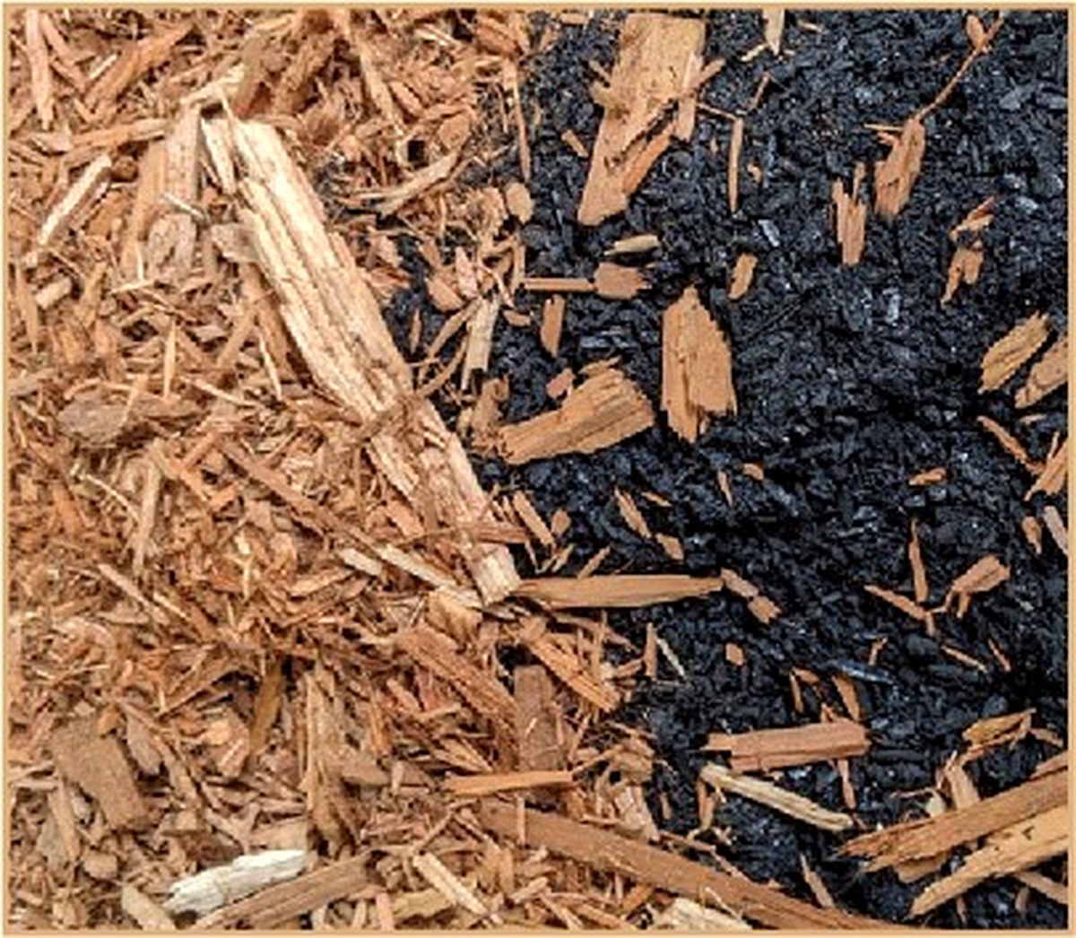 Woodchip feedstock beside finished biochar at a Tongao carbonisation site