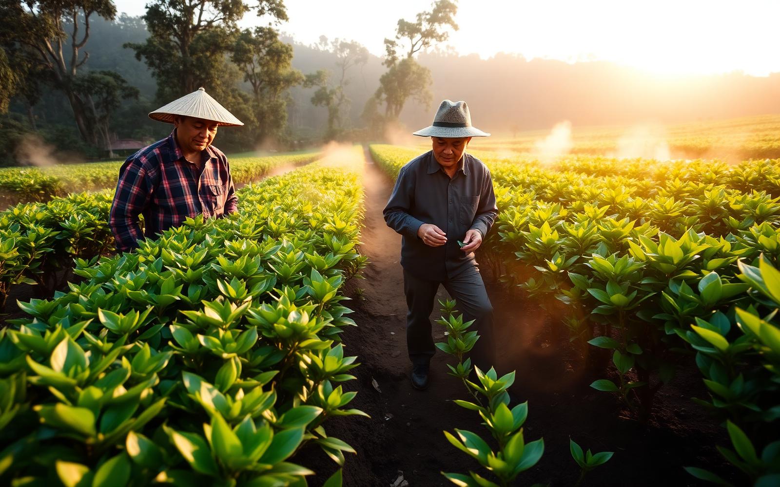 Farmers inspecting biochar-amended tea